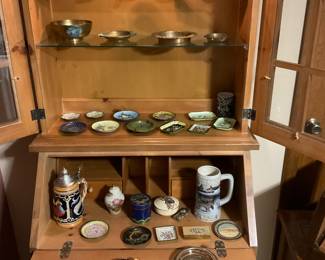 Curio/secretary with steins, and ashtrays, cloisonne, ginger jar, figurines