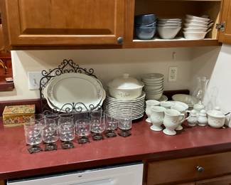 Glasses, Pfaltsgraff dishes with serving pieces, up in the cupboard -soup bowls.