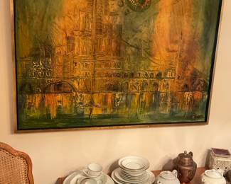 MCM nice art work by Van Hoople -signed.  Frame measures 49X39. Console table with serving pieces and teapots.
