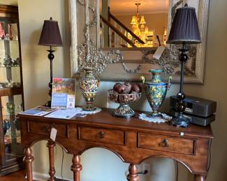 wooden console table with 3 drawers decorative wall mirror lamps area rugs