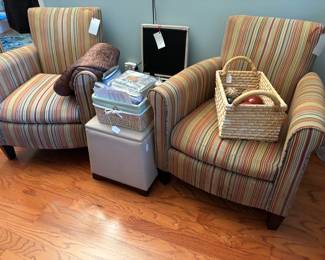 striped upholstered armchairs basket storage cubes