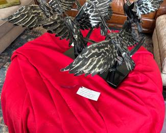 handmade repurposed metal sculpture 5 cranes in flight with detailed, dark colored wings by "Austin"