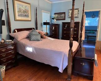 queen size 4 poster bed has a queen mattress set (also have an adjustable electric bed) set of nightstands, dresser with mirror, chest of drawers, tall lingerie chest of drawers. ceder chest art