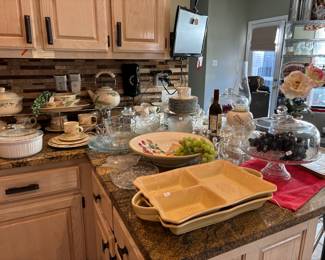 large serving bowl and serving dishes, cake stand with cover