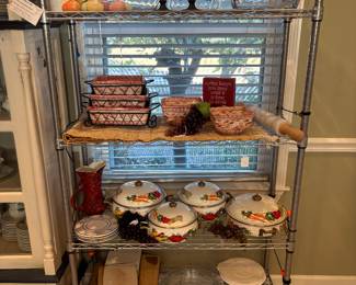 collection of Farmers Market Enamel covered casserole pots set of Temp-tations by Tara bakeware featuring bakers in a metal rack assortment of cutting boards