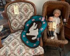 Oak tapestry chair, antique baby buggy and doll