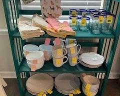 3 Shelf Rack and many dish and glassware