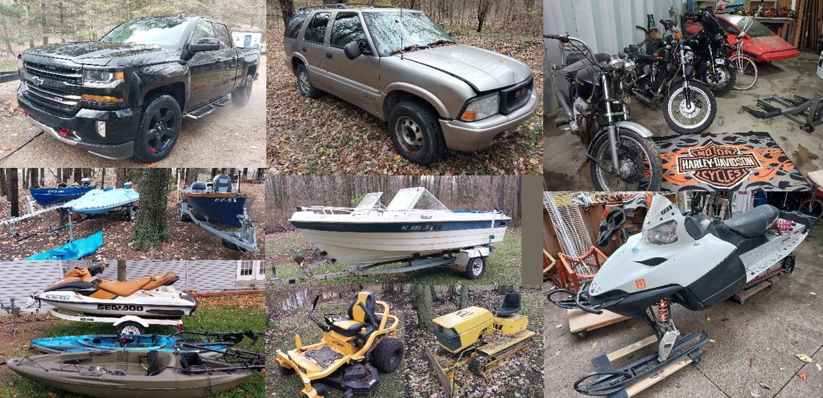 2017 Chevy Silverado z71, 2018 Harley Street Glide (blackout), Honda Tri-Magnum “enclosed trike”, 73’ Harley Sportster 1000, 78’ Honda 750, 2009 Polaris 800 Dragon IQ snowmobile, 17’ Thompson 120hp inboard, 12’ aluminum boat, 16’ Jet Fish, 11’ runabout,10’ fishing kayaks with trolling motors, 2000 Sea Doo Bombardier GTX jet ski, 10 HP Evinrude motor, 28 and 18 thrust Minn Kota trolling motors, dirt bike riding pants/shirts, helmets, snowmobile bibs, 2 place snowmobile trailers, utility trailer, mini dozer, Cub Cadet zero turn mower