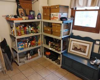 canning jars, entryway bench, cleaning supplies, folding chairs, boots