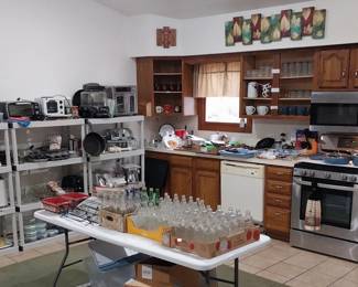 LG propane stove, LG over the oven microwave, refrigerator, GE dishwasher, Oneida flatware, Pioneer Woman cookware, Emeril Lagasse French door airfryer, Nuwave infrared oven, Gander Mountain meat grinders, cast iron, meat slicer, jerky maker, Anchor Hocking, Pyrex, Oster toaster oven, Magic Bullet, Soda Pop Shoppe bottles, glass Pepsi bottles