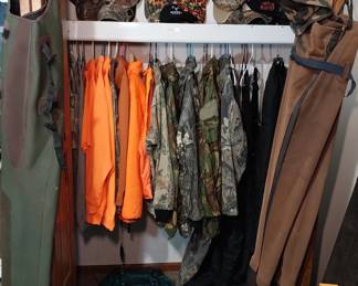 hunting clothes, waders, hats, boots