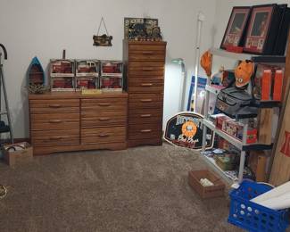 U of M mini backboards, Detroit Bad Boys mini backboard, Budweiser mini shuffleboard table, Michael Jordan figurine, LeBron James Rookie of the Year shadow box, Tony Stewart, Ertl tractors, dressers, elite fitness inversion table