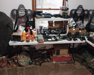 Muddy tree stand, climbing sticks, Gorilla tree stand, lanterns, camp chairs, sleeping bags; pads; pillows, clay pigeons, pop up blind, felt bottom boots, waders, Gorilla brand ratchet straps; comfort kits; climbing stick holder; bow holder; safety harness; tree steps; holder, trail cameras, Scent blender, Stealth Angel survival backpack