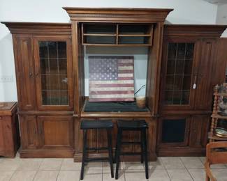 large entertainment center 3piece, black stools, wooden trash can, corner shelf