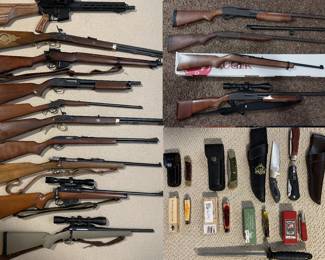 NR Davis & sons "Diana" 12ga, Remignton 870 12ga, 1916 Spanish Mauser, Lyman sporterized, Ruger American compact, Ruger 22 (never shot) , Anderson AM-15, UK 303, JC Higgins, Jay Steven’s 22, Lyman Trade, Hawken black powder, Marlin Glenfield 22, Ruger 22, 12ga shotguns, Schrade, Bear, Buck, Puma, Dam, Robeson, Hen n Rooster knives