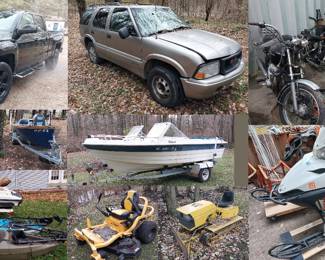 2017 Chevy Silverado z71, 2018 Harley Street Glide (blackout), Honda Tri-Magnum “enclosed trike”, 73’ Harley Sportster 1000, 78’ Honda 750, 2009 Polaris 800 Dragon IQ snowmobile, 17’ Thompson 120hp inboard, 12’ aluminum boat, 16’ Jet Fish, 11’ runabout,10’ fishing kayaks with trolling motors, 2000 Sea Doo Bombardier GTX jet ski, 10 HP Evinrude motor, 28 and 18 thrust Minn Kota trolling motors, dirt bike riding pants/shirts, helmets, snowmobile bibs, 2 place snowmobile trailers, utility trailer, mini dozer, Cub Cadet zero turn mower