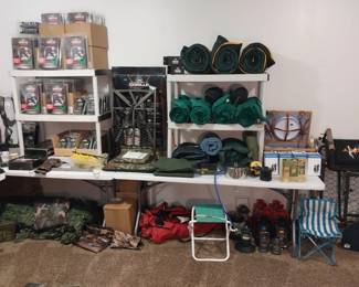Muddy tree stand, climbing sticks, Gorilla tree stand, lanterns, camp chairs, sleeping bags; pads; pillows, clay pigeons, pop up blind, felt bottom boots, waders, Gorilla brand ratchet straps; comfort kits; climbing stick holder; bow holder; safety harness; tree steps; holder, trail cameras, Scent blender, Stealth Angel survival backpack