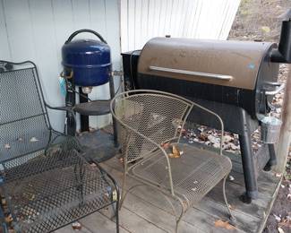 Woodard patio chairs, Traeger pellet smoker, electric smoker