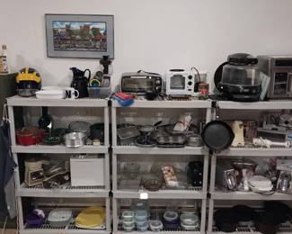Emeril Lagasse French door airfryer, Nuwave infrared oven, Gander Mountain meat grinders, cast iron, meat slicer, jerky maker, Anchor Hocking, Pyrex, Oster toaster oven, Magic Bullet, kitchen pantry