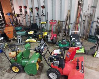 string trimmers (Echo, Ryobi, Homelite), Ariens 28” snowblower, John Deere 524 Snowblower, MTD tiller, Champion tiller, push mowers (Greenworks, Weedeater, YardMan yard vac