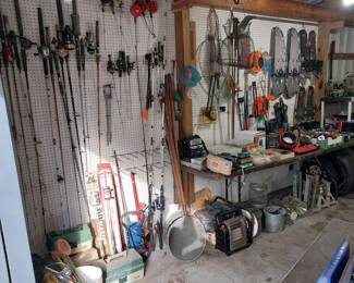 fishing poles lures, tackle, minnow buckets, nets, tackle boxes, ice fishing, Landworks ice auger, tip ups, cameras, lights