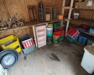 antlers, crates, wooden boxes, buckets