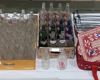 Soda Pop Shoppe bottles, glass Pepsi bottles, red bakeware