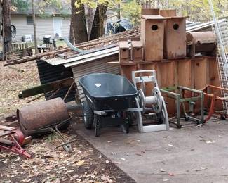 7.5hp hp water pump, hose caddy, coolers, 55gal drum  stands, law roller, wheelbarrow, atv ramps, snowmobile Exel Play Sleigh, National Bobsled toboggan, owl houses
