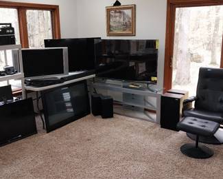 Playstation 3, Bose radio/alarm clock, 55” Element smart TV, 43” Onn Roku TV, Topvision sound bar, Montgomery Ward Airline Multiband radio