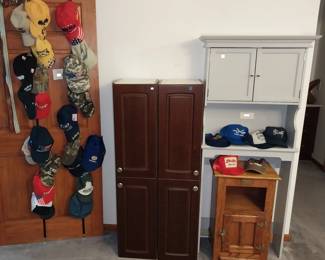 Trump hats, Owosso hats, cabinets, over toilet cabinet