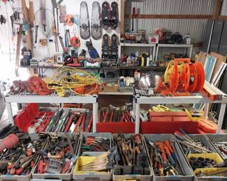 large metric and sae socket sets, tool chests, storage cabinets, bolt cutters, pipe wrenches, wrenches, hammers, screw drivers