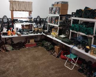 Muddy tree stand, climbing sticks, Gorilla tree stand, lanterns, camp chairs, sleeping bags; pads; pillows, clay pigeons, pop up blind, felt bottom boots, waders, Gorilla brand ratchet straps; comfort kits; climbing stick holder; bow holder; safety harness; tree steps; holder, trail cameras, Scent blender, Stealth Angel survival backpack