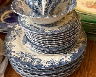 Johnson Brothers 'Coaching Scenes' blue and white transferware ceramic dinnerware set.