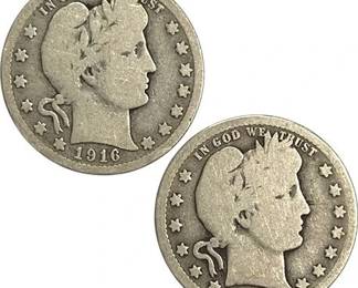 1912 & 1916 Barber Quarter Dollar 90% Silver Coins