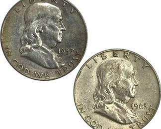 1957 & 1963 Franklin Half Dollar 90% Silver Coins