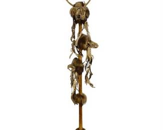 Native American Shaman Staff w/ Animal Skulls, Fur, & Feathers
