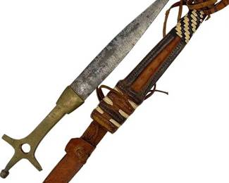 Antique Metal Hilt Dagger w/ Leather Sheath