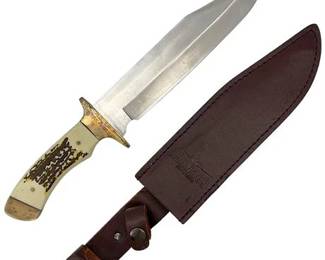 Break Up Country Fixed Blade Bowie Stag Knife w/ Leather Sheath