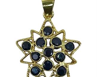18K Yellow Gold Blue Sapphire Filigree Pendant