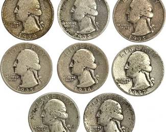 1934-1939 Washington Quarter Dollar 90% Silver Coins