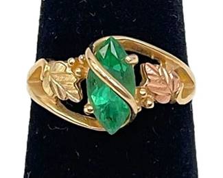 10K Multitone Gold Marquse Lab-Created Emerald Black Hills Size 6 Ring