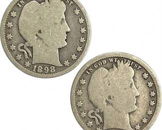 1898 & 1899 Barber Quarter Dollar 90% Silver Coins