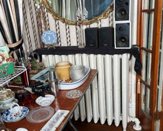 large mirror, speakers, dish ware, collectibles