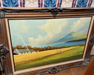 large painting, large frame, antique, farmhouse, landscape