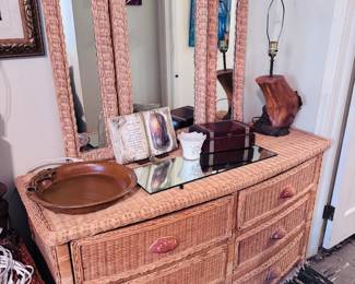 Rattan wicker dresser and three piece mirror (can be sold separately)