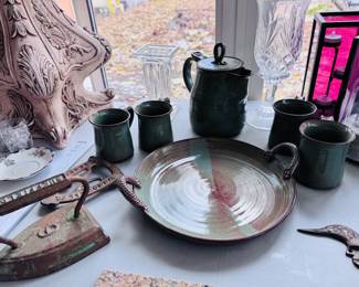 Beautiful green/tan coffee set with pitcher, mugs and serving tray