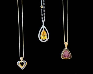 14K gold pendant necklaces, sapphire, citrine and diamond, watermelon tourmaline