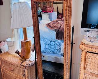 Rattan wicker full length mirror on iron scroll stand