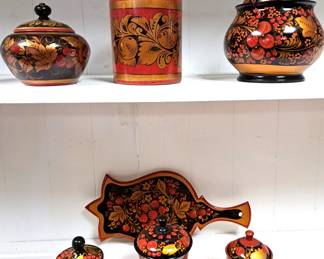 RUSSIAN PAINTED DISHES CANISTERS LOT