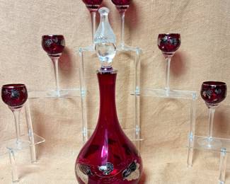 CRANBERRY DECANTER & GLASSES LOT